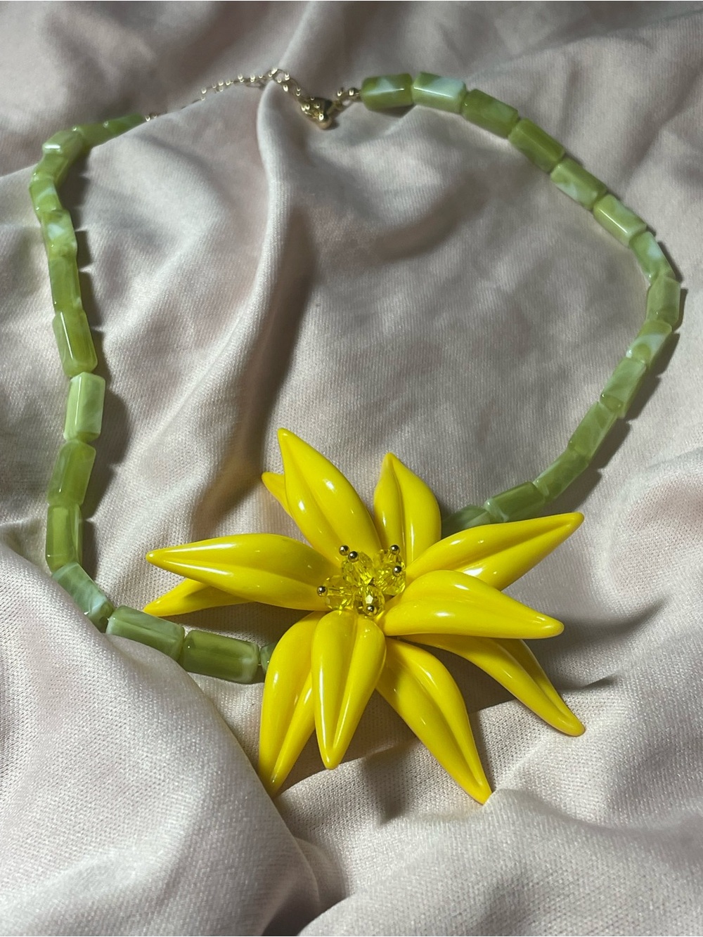 Acrylic Yellow Flower Statement Necklace with Green Beaded Chain